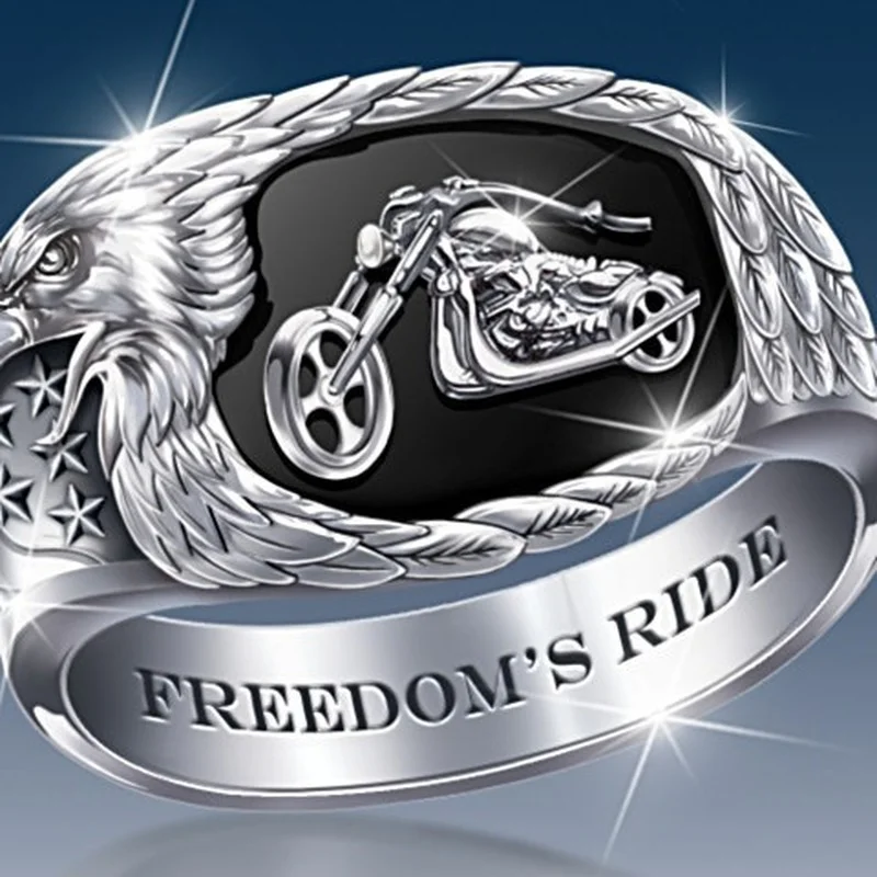 

Free riding ring men's motorcycle Ring Black carved eagle beak and Star Spangled Banner pattern punk jewelry