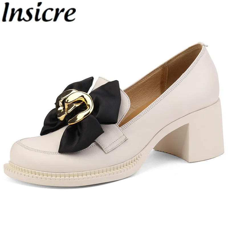 

Insicre 2021 Autumn Women Pumps Full Genuine Leather Platform Butterfly Knot Round Toe Thick High Heel Shoes Beige Shallow