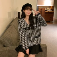 2021 autumn winter french navy collar houndstooth black and white grid short coat all match cute student loose overcoat female
