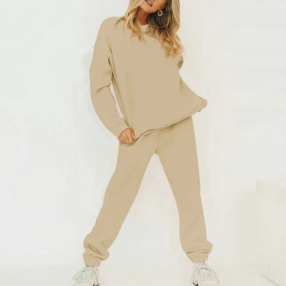 

Solid Casual Tracksuit Women Sports 2 Pieces Set Sweatshirts Pullover Hoodies Suit 2021 Home Sweatpants Outfits