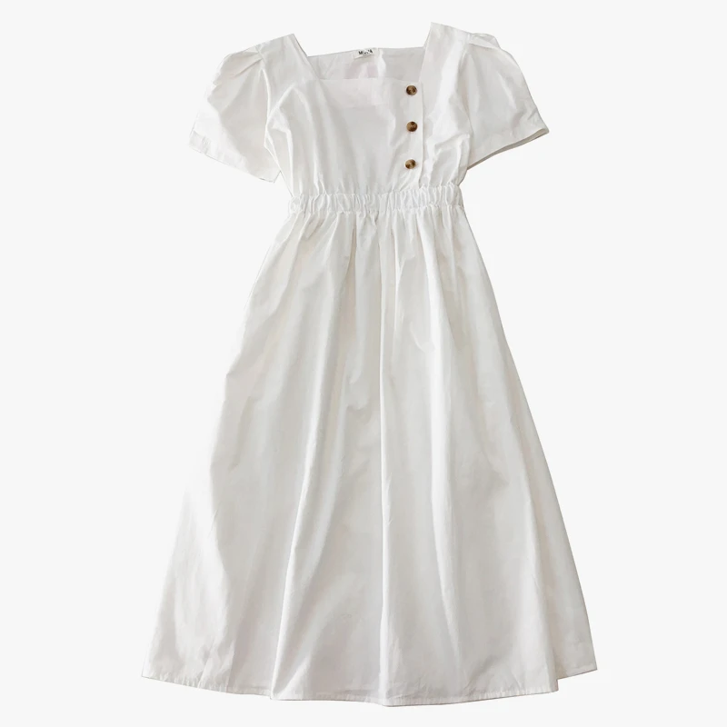 

Dress Women Vintage Elastic Waist A-Line Summer Korean Simple Femme Dress Square Collar Lovely Holiday College Girls M37