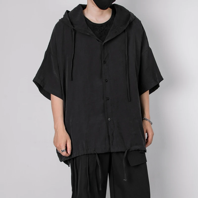 Мужская рубашка с короткими рукавами черная Повседневная Свободная капюшоном