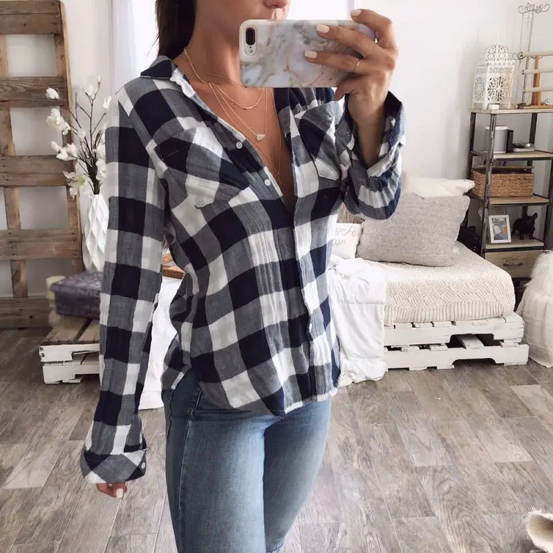 

Casual Long Sleeve Vintage Women Tops and Blouses Fashion Pockets Lapel Blusa Plus Size Women Plaid Shirts