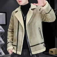 mens vintage leather jackets winter thickened lamb wool motorcycle jacket turn down collar casual coat streetwear men clothing