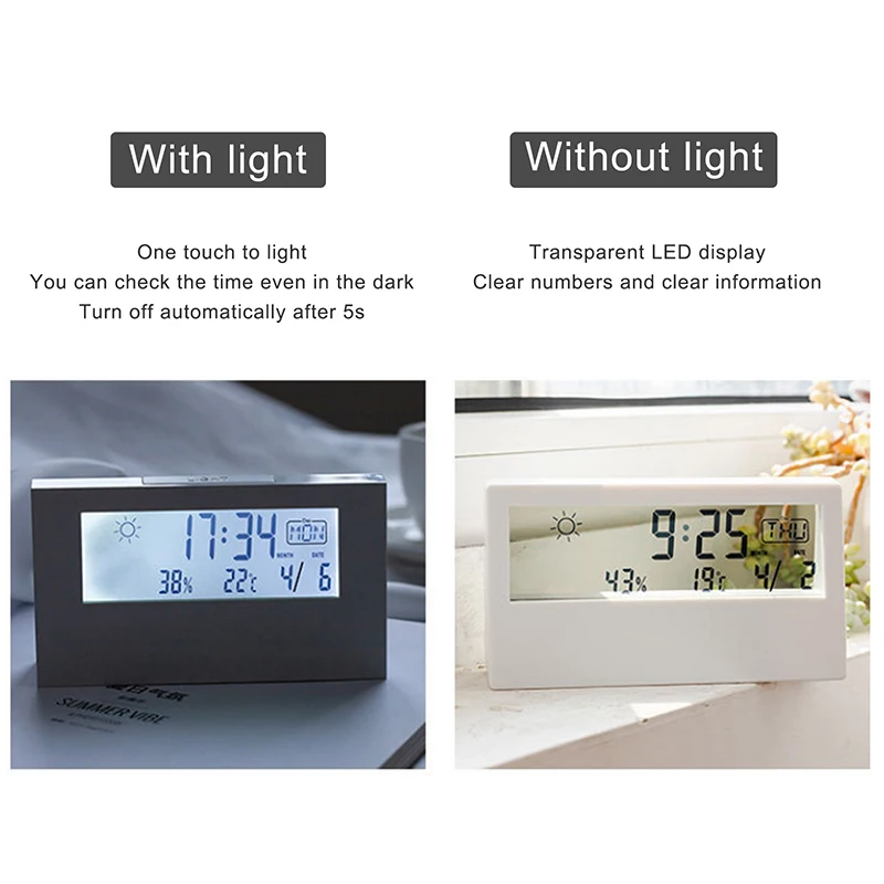 

LCD Digital Desk Alarm Clock With Calendar And Temperature Humidity Weather Condition Modern Table Clock