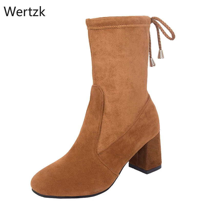 2020 г. Новые женские ботинки из флока до середины икры пикантная Осенняя женская