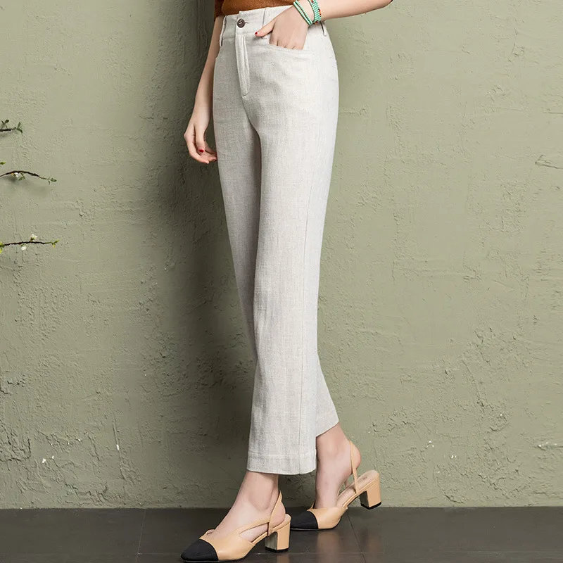 

Women's Cotton And Linen Pants Solid Color Breathable Summer Knitted Capri Pants High Quality Flat Straight High Waist Beige 6XL
