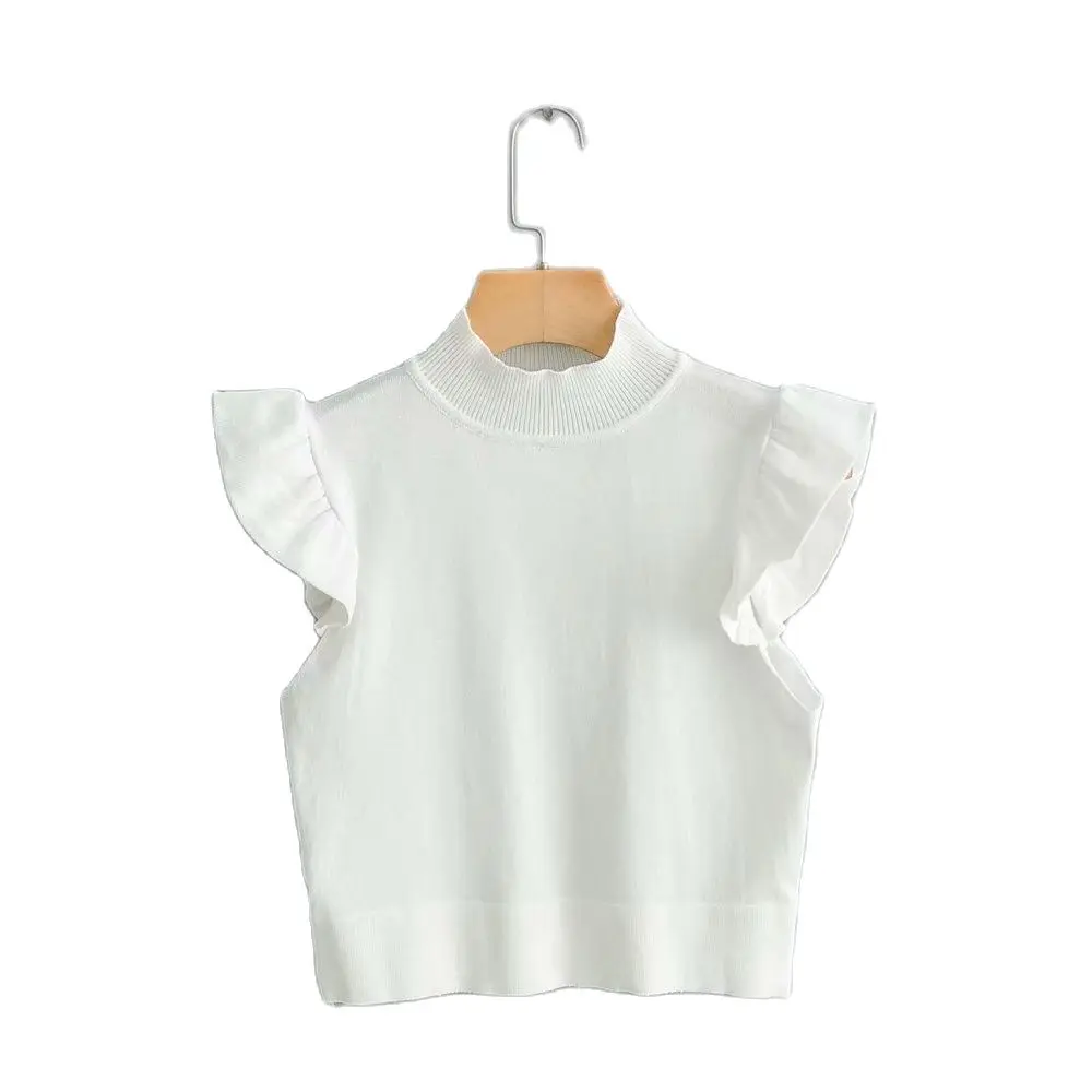 Fashion Black Ruffles Sleeveless Knit Top 2019 Women O-Neck Short Knitwear Casual Ladies Streetwear Feminine | Женская одежда