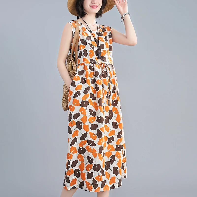 

Женское хлопковое платье с принтом в виде конопли, повседневное длинное платье без рукавов с круглым вырезом и эластичным поясом, модель X008 ...