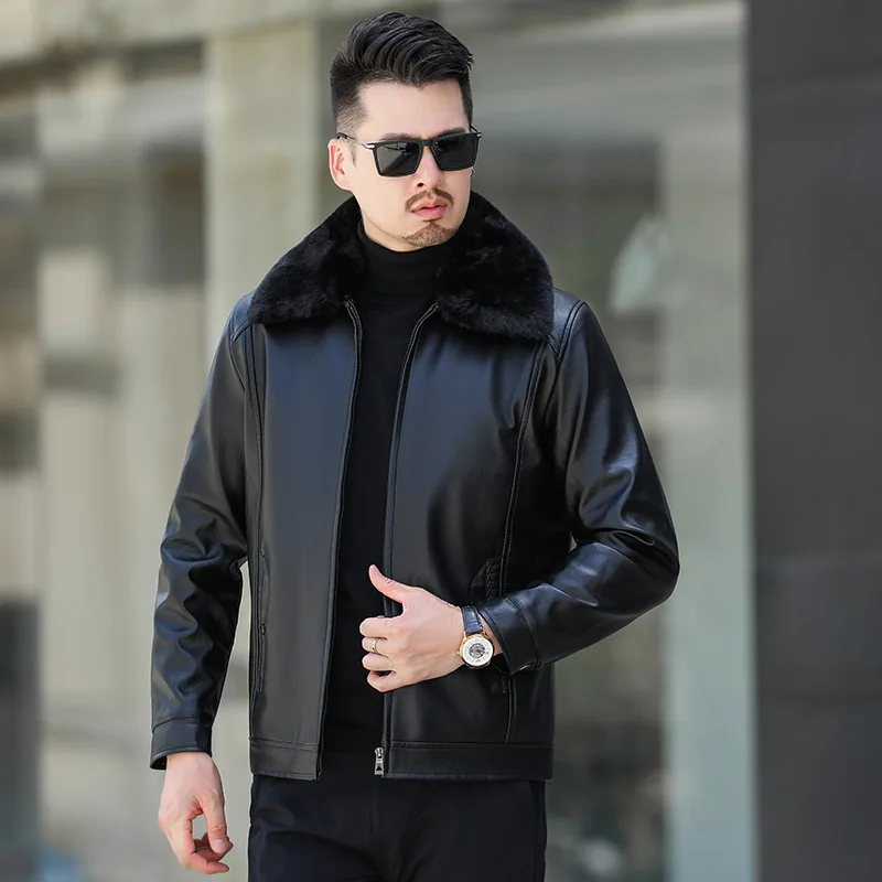 

Мужская осенняя куртка из искусственной кожи с меховым воротником
