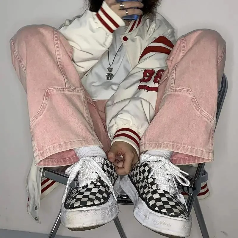 HOUZHOU Streetwear Vintage Green Baggy Jeans Women Hippie High Street Wide Leg Denim Pants Harajuku Oversize Loose Pink Trousers | Женская