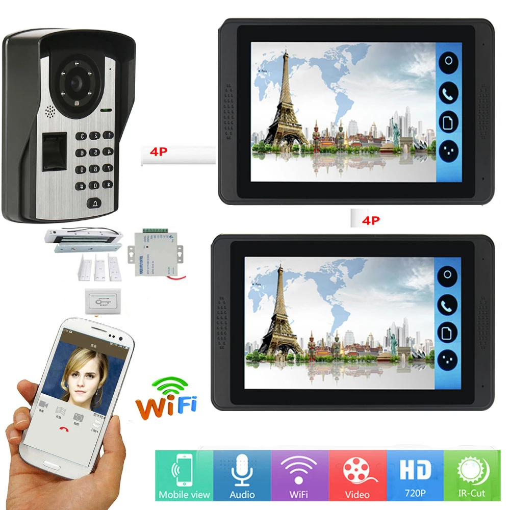 Password Fingerprint IR Camera 7Inch Wifi Wireless Video Door Phone Doorbell Visual Intercom System APP Remote Unlock | Безопасность и