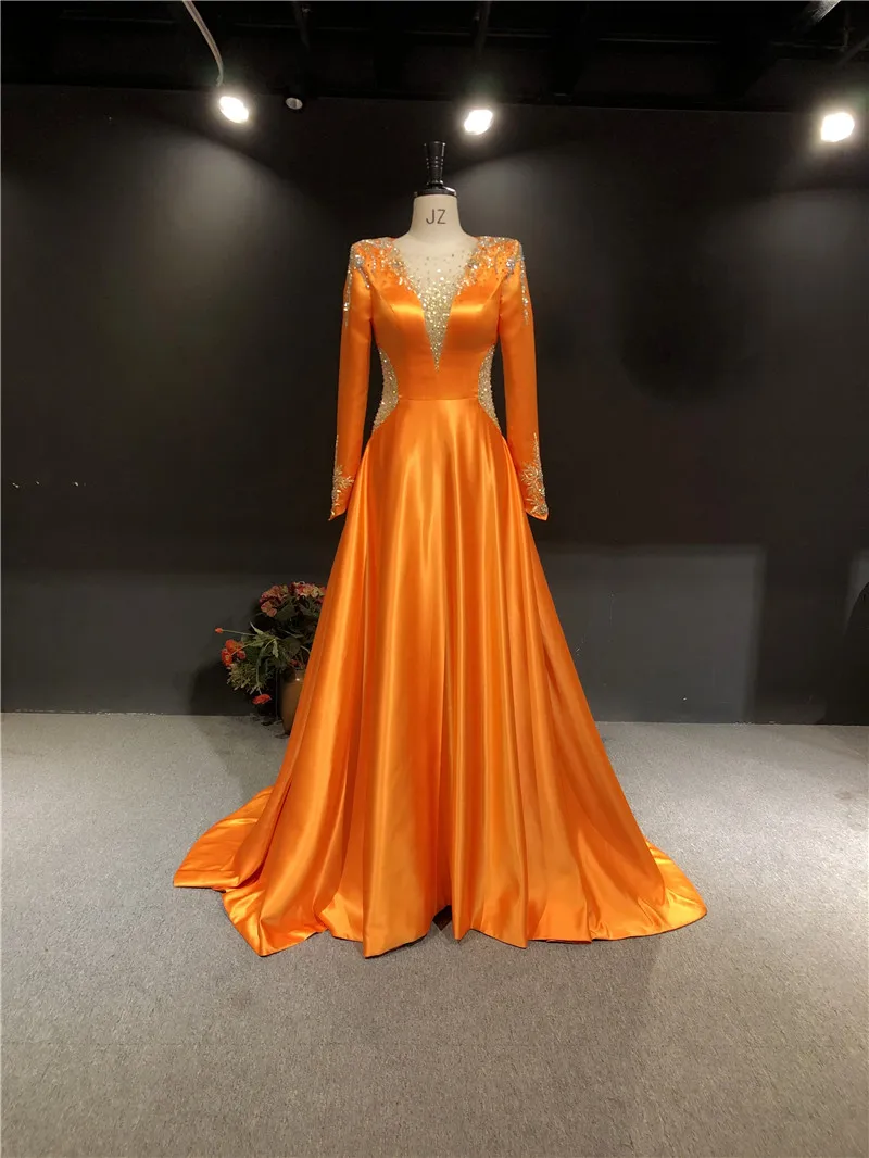 

100%Real Pictures Orange Sarin Heavy Beads Deep V-neck Full Sleeves A-line Formal Party Prom Bridal Women Dance Evening Dresses