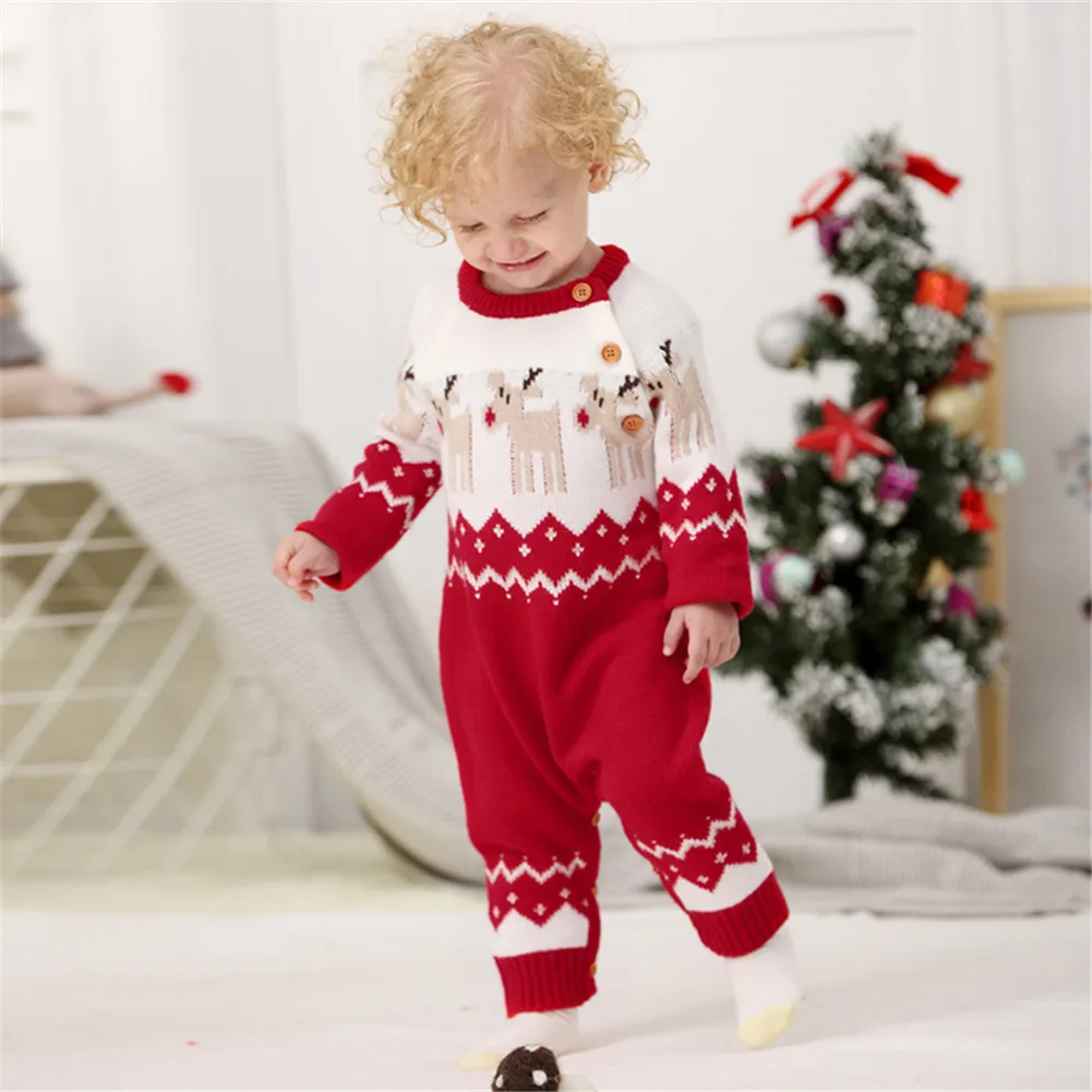 

2021 Baby Boys Girls Sweater Christmas Clothes Romper Reindeer Long Sleeve Elk Printed Jumpsuit New Year's Costume 3-18 M