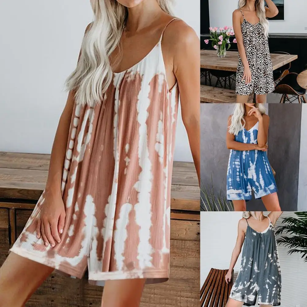 

Women's Summer Jumpsuits Gradual Dye Print Breathable Women Sleeveless Backless Romper for Sleeping Plus Size