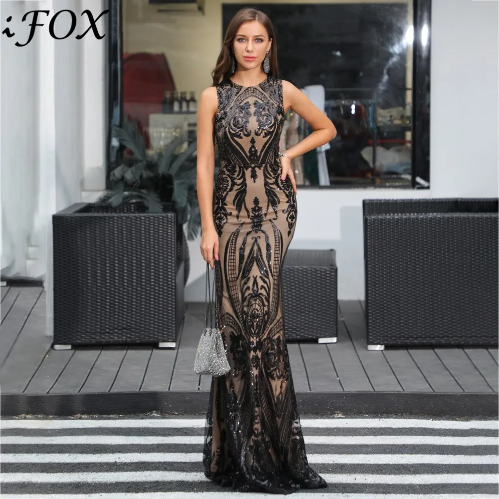 

IFox 2020 Fashion O Neck Sleeveless Sequined Party Dresses for Women Sexy Tank Style Sleeve Lace Simple Black Women Maxi Dress