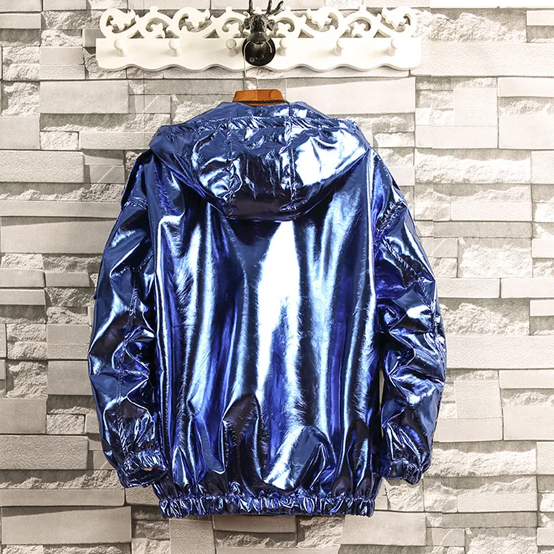 

2020 New PU Jacket Men Hip Hop Hooded Golden Windbreaker Mens Fashion Spring Hip Hop Night Club Hoody Coats MG408