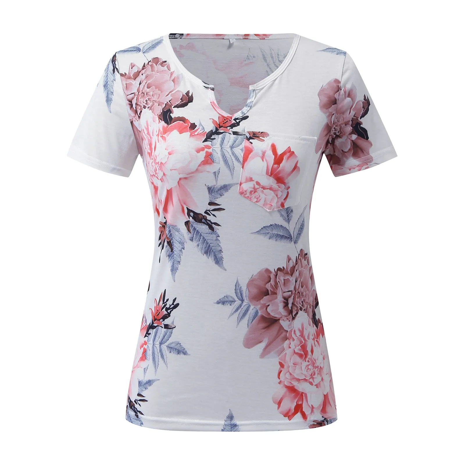 

Fashion Floral Print Blouse Shirt Pocket V-Neck Tops Tee 2021 Summer Casual Ladies Top Female Women Short Sleeve Blusas Pullover