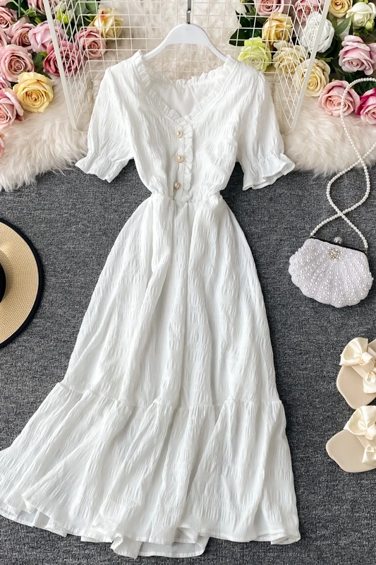 

Women White Dress Summer Elegant V-neck Single-breasted Short Flare Sleeve Vintage Dresses Female 2021 Korean Chic Robe Mujer