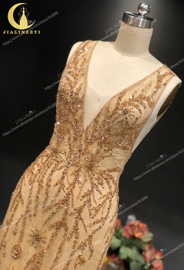 JIALINZEYI Gold Beads Crystal lace V Neck Mermaid Floor Length robe de soirée de mariage Fromal dress Evening Dresses