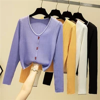 ljsxls autumn button cropped sweater long sleeve knitted top women slim sexy short pullovers v neck korean fashion clothing 2021