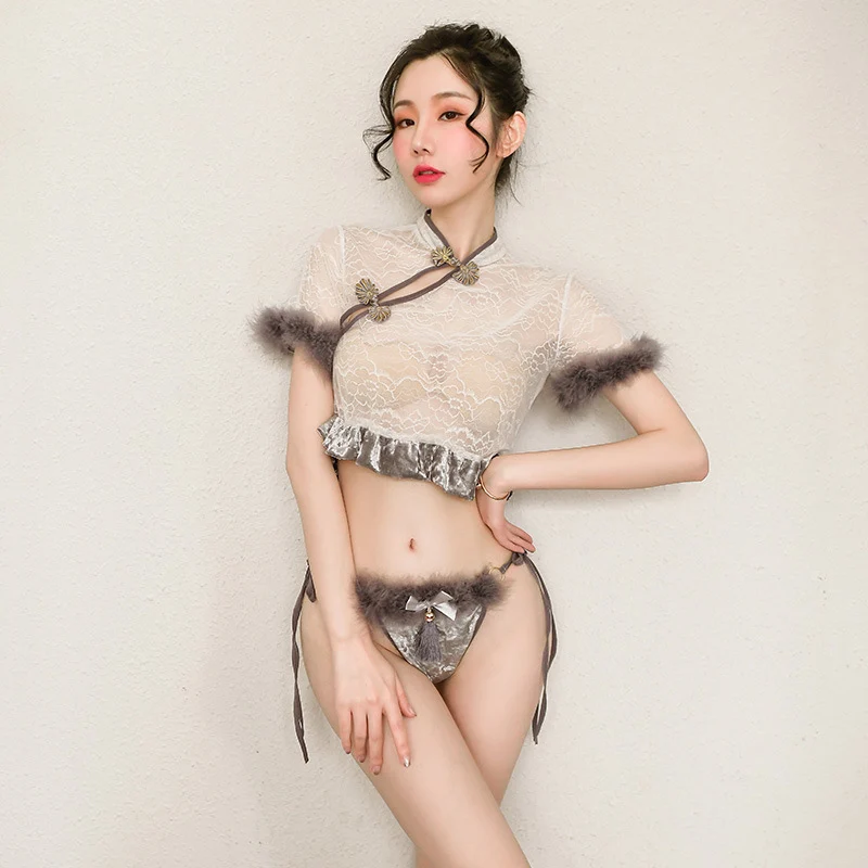

Velvet Lace See Through Sexy Chinese Sleepwear Qipao Traditional Cheongsam Babydoll Lingerie Set Party Nightclub Uniforms Qi Pao