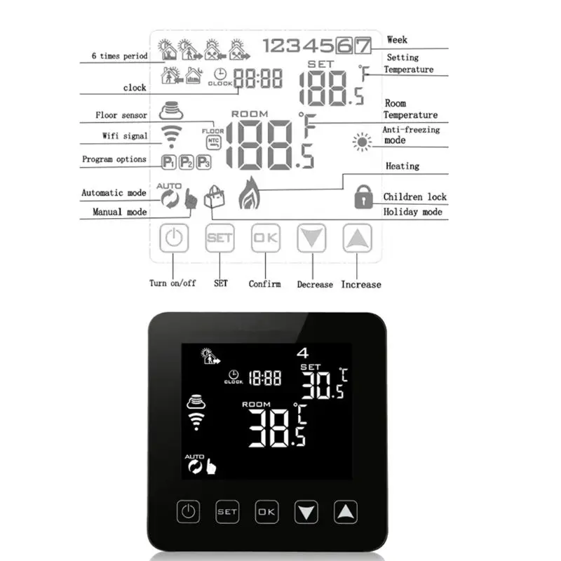 

WiFi & Echo Voice Control Thermostat Electric Floor Heating Black Touch Screen Week Programmable Temperature Infrared Heater