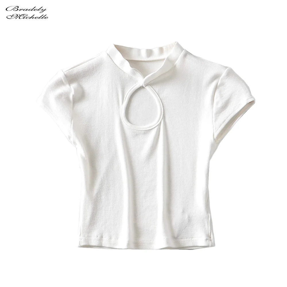 Модный сексуальный летний женский кроп-топ с вырезом облегающая футболка