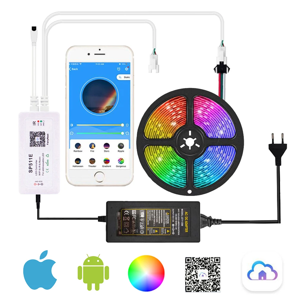 Светодиодная ленсветильник RGB WS2812B с Адресацией пикселей Wi-Fi/пульт