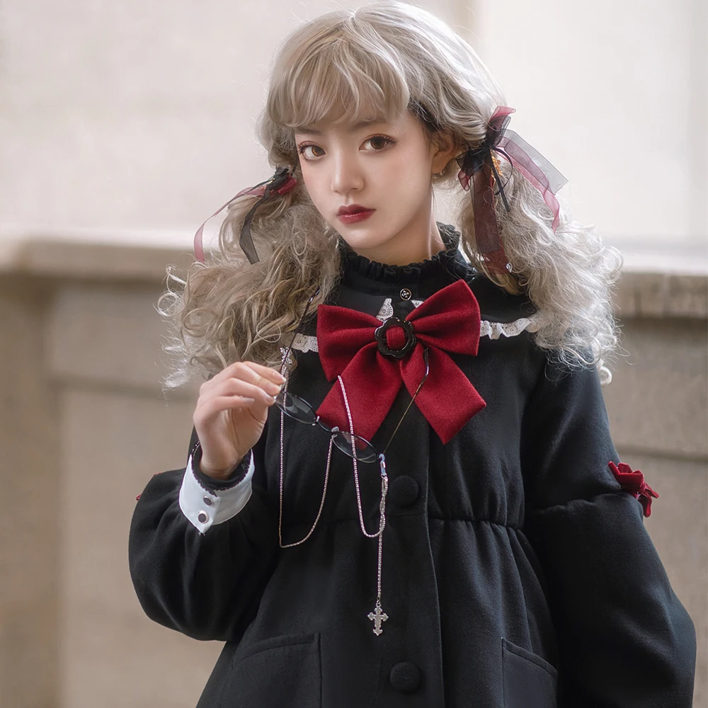 Melonshow Gothic Winter Coat Women Thicken Woolen Overcoat Female Woollen Long Coat Warm Ladies Lolita Dress Goth Outwear