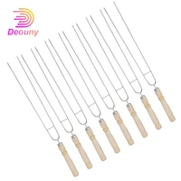 deouny 610 pcs stainless steel u shaped barbecue brazing fork needle wooden handle grilling skewers double prong bbq tools
