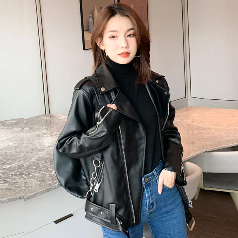 Куртка женская из искусственной кожи короткая Байкерская верхняя одежда в стиле