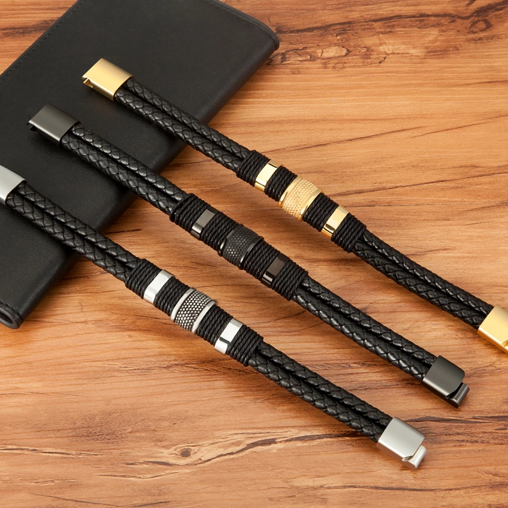 

Woven Leather Rope Wrapping Special Style Classic Stainless Steel Men's Leather Bracelet Double-layer Design DIY Customization
