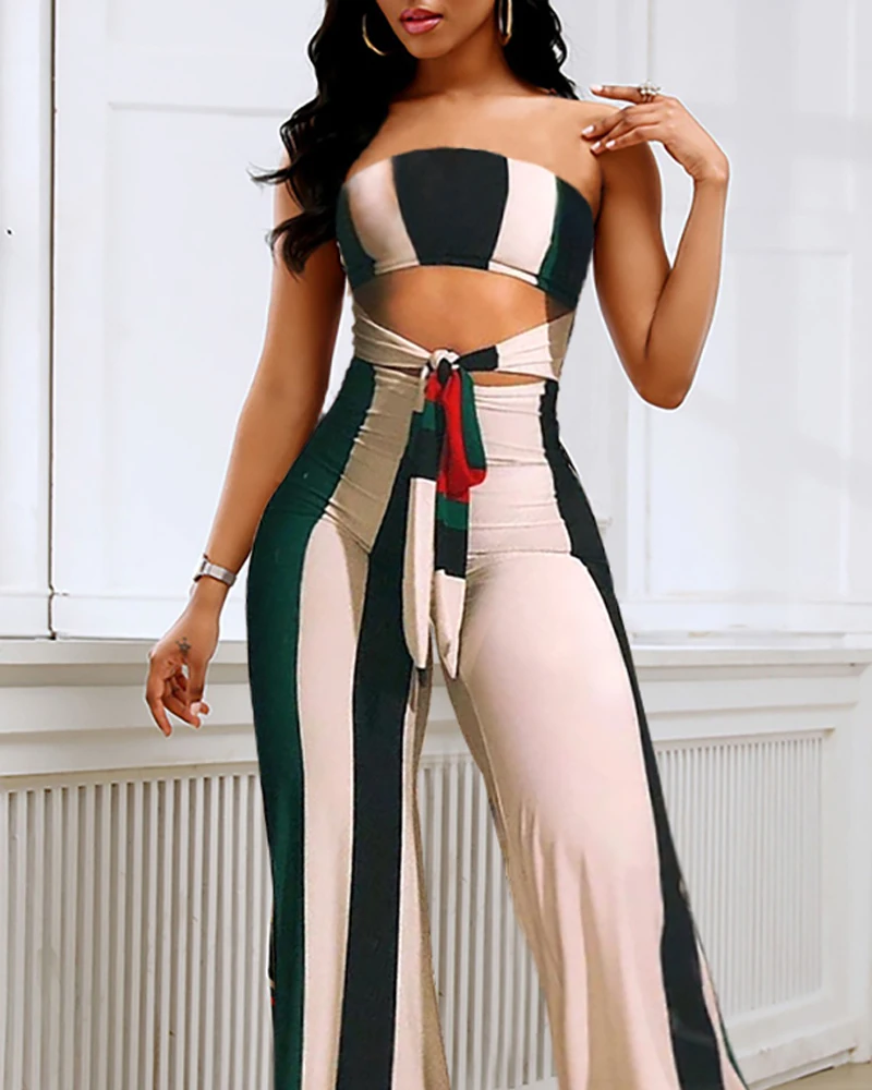 2020 Women Fashion Elegant Casual Hollow Out Sexy Dot Print Sleeveless Jumpsuits Striped Colorblock Cutout Bandeau Jumpsuit