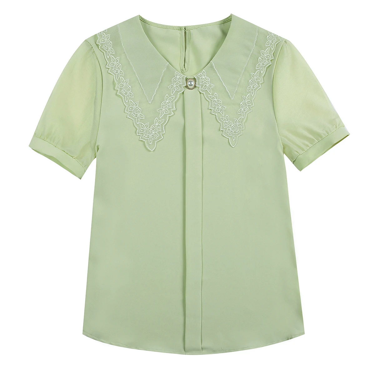 

Summer Korean Women Shirts Woman Green Lace Chiffon Office Lady Shirt Women Mesh Short Sleeve Blouses Tops Black Shirt