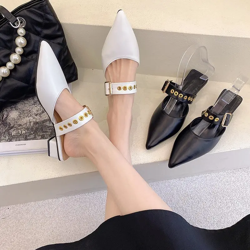 

Shoes Med Rivet Cover Toe Square heel Woman's Slippers Luxury Slides Block 2021 Designer Pointed Fashion Hoof Heels PU