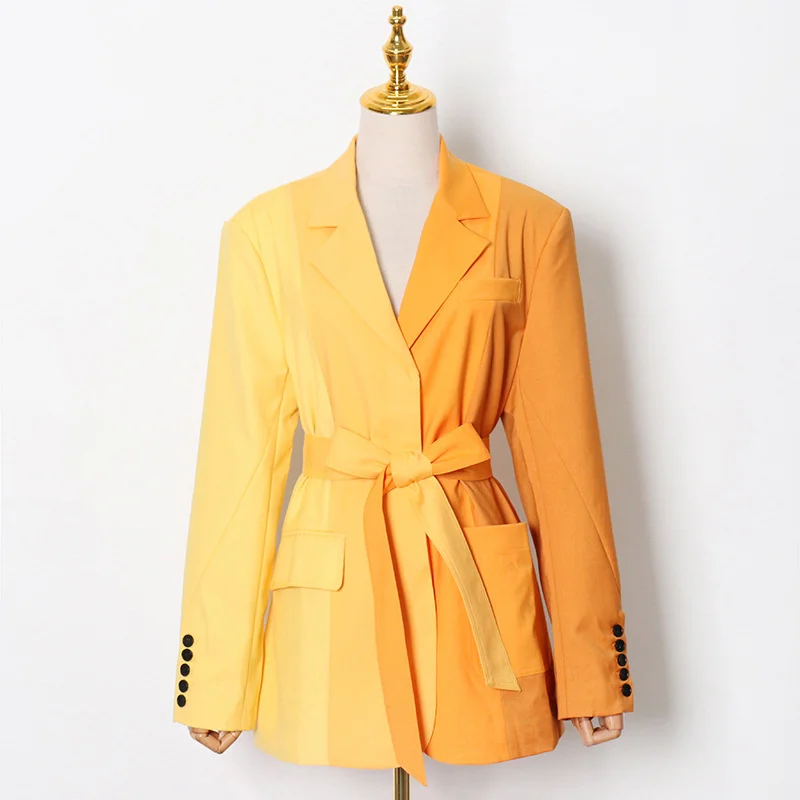 

SeeBeautiful Contrast Color Loose Blazer Coat Notched Collar Long Sleeve Pockets Belt Bow New Fashion Spring 2022 Woman G086