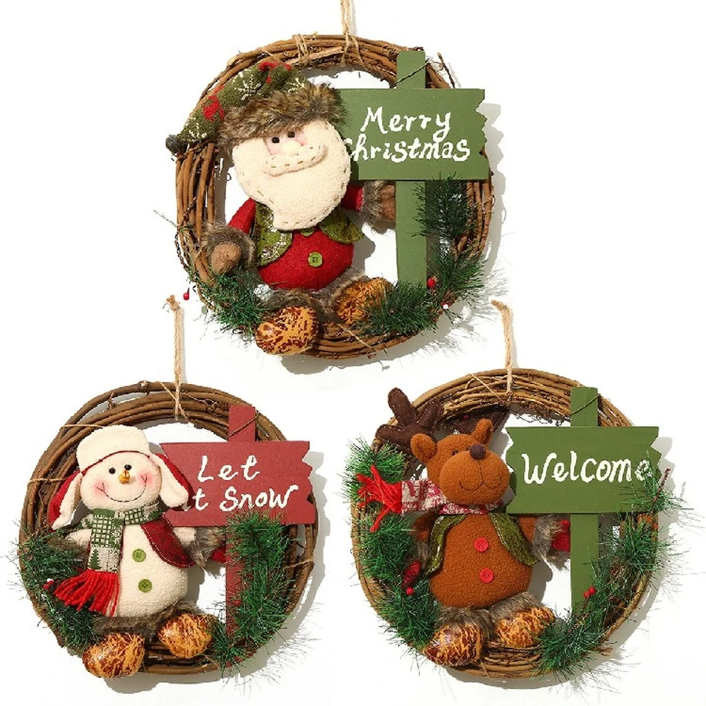 

Christmas Garland Xmas Party Door Wall Hanging Ornaments Rattan Wreath with Santa Elk Snowman Doll Christmas Tree Decor New Year