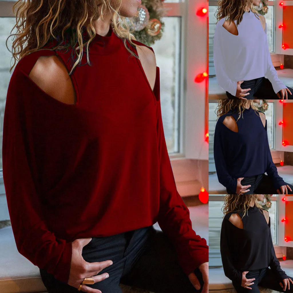 Футболка женская с воротником стойкой повседневный однотонный топ длинным