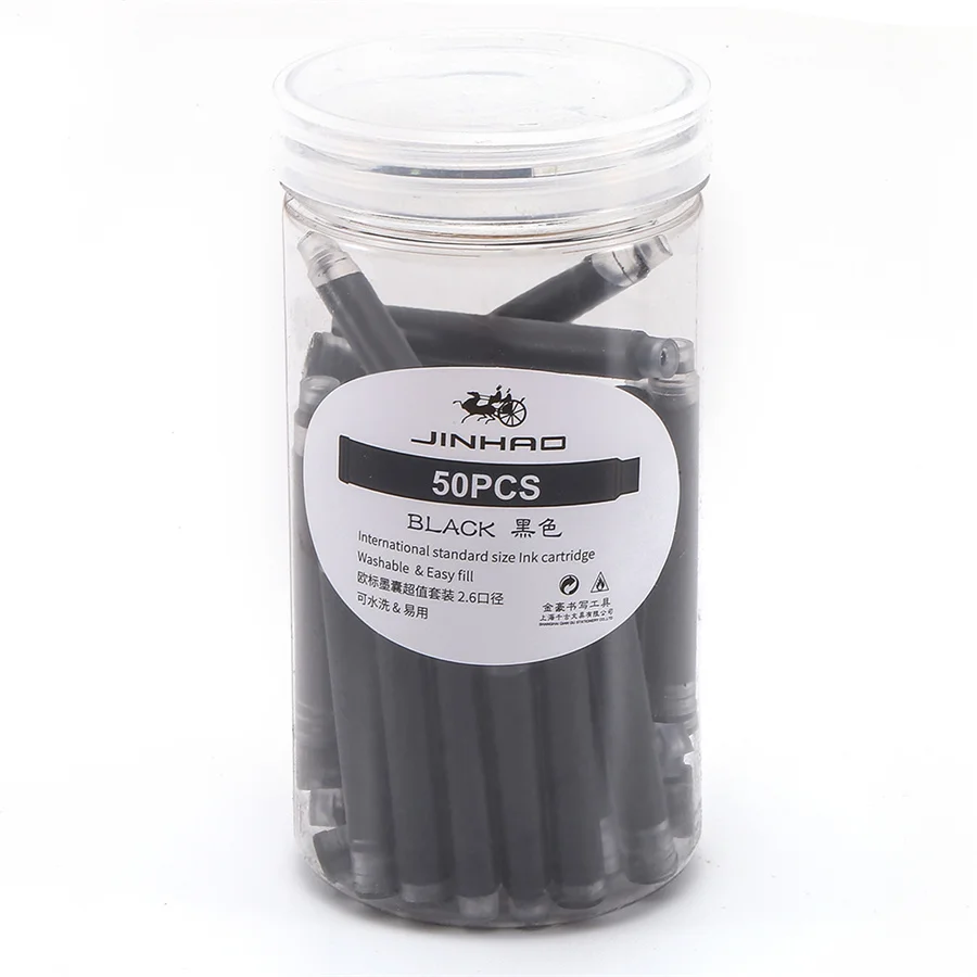 Black 50 шт цветные чернильные картриджи, коробка для перьевая ручка Jinhao 2,6 мм, международный стандарт, сменные канцелярские принадлежности для офиса и школы A6612 - Цвет: Black