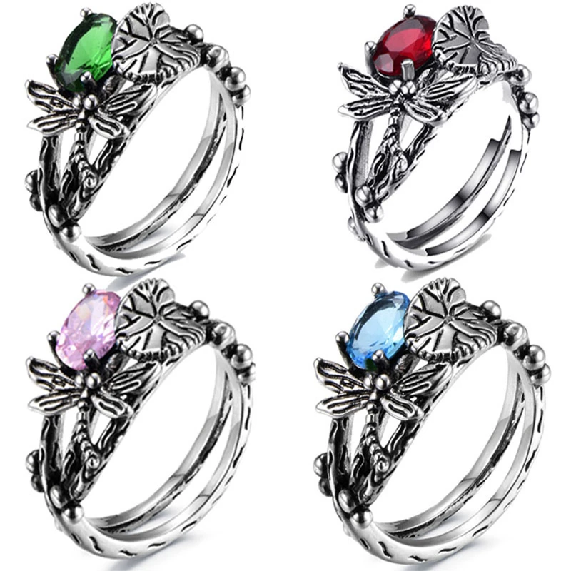 

Retro Simple Dragonfly Lotus with Gemstone Embellishment Ring Fashion Lady Geometric Creative Animal Ring Jewelry