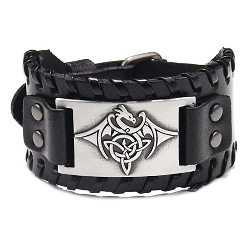 

Punk Black Totem Design Nordic Viking Flying Dragon Leather Bracelet Men Classic Trendy Braided Rope Alloy Wide Bracelet Jewelry