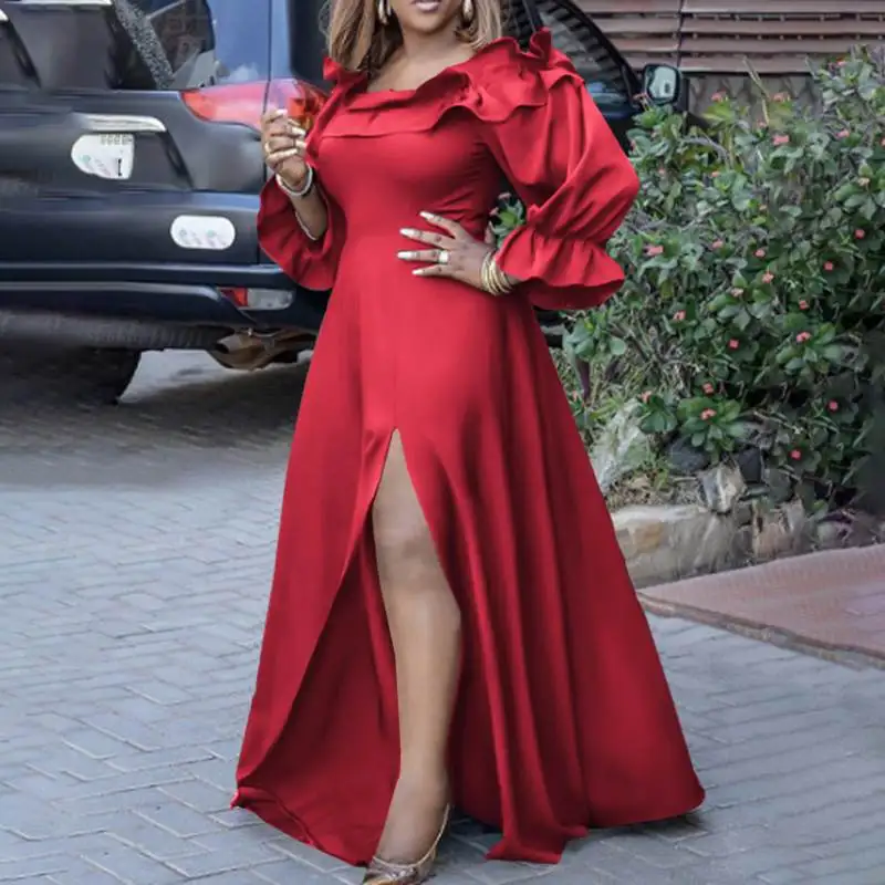 

Autumn Maxi Dress VONDA Women High Slit Party Ruffled Dresses Bohemian Vestidos Oversize Long Sleeve Off Shoulder Solid Sundress