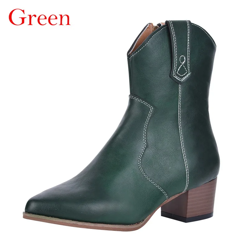Green 1 WENYUJH/ковбойские сапоги в западном стиле; женские сапоги до середины икры; Цвет черный, желтый, белый; зимние сапоги с острым носком; ковбойские полусапожки; женская обувь - Цвет: Green 1