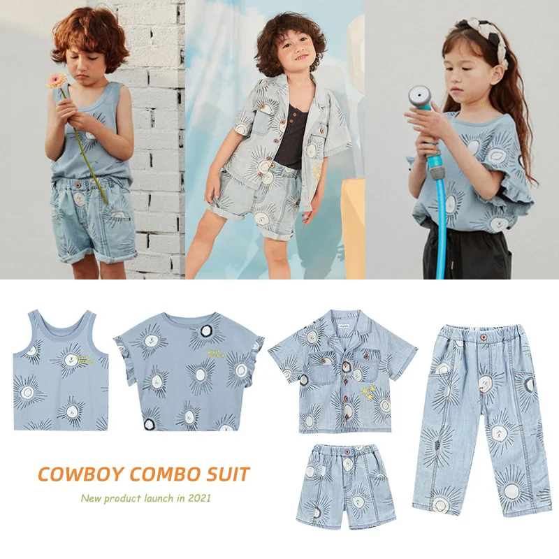 

Children's 2021 Summer Clothes Girls Clothes T-Shirt Tops Boys Shirt Shorts Girls Shorts Infants And Toddlers Denim Shorts Set