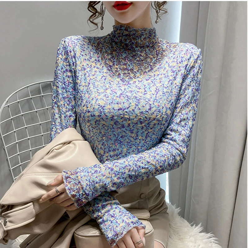 

Женские туники с длинным рукавом и внутренним подогревом, утепленная нижняя рубашка с полувысоким воротником, Женская универсальная Облег...