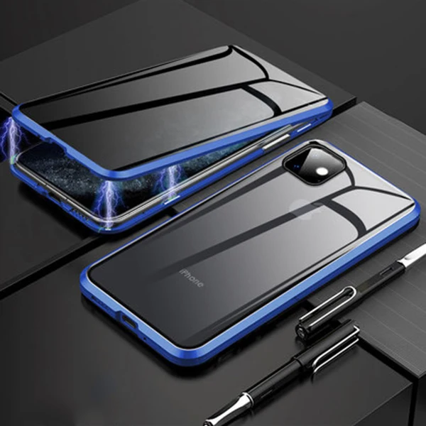 Синий Роскошные Чехлы с закаленным стеклом для iPhone 11, чехол, не подсвечивающий Магнитный чехол, чехол для Apple iPhone 11 Pro Max 360, полный Чехол - Цвет: Синий