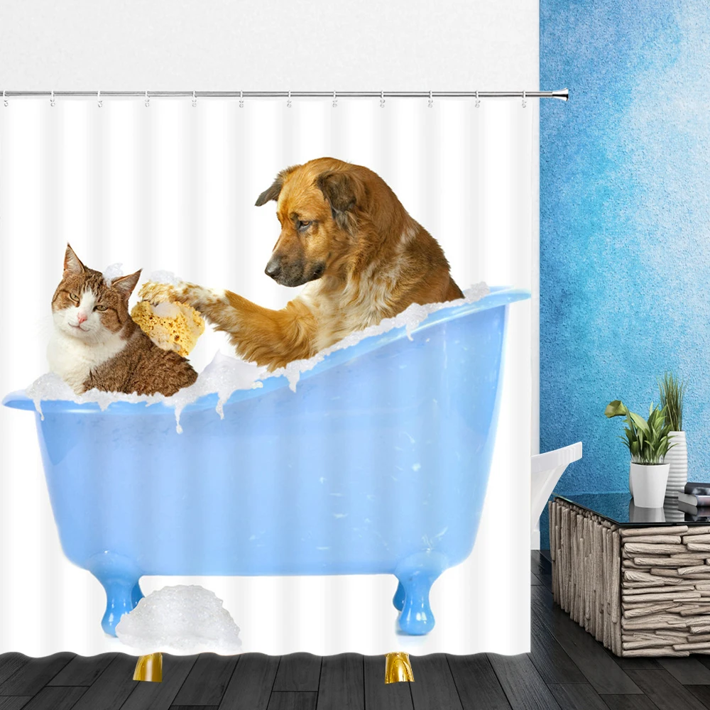 funny animal shower curtains decoration cute pet cat home bathroom decor polyester bath cloth hanging curtain set with hooks free global shipping