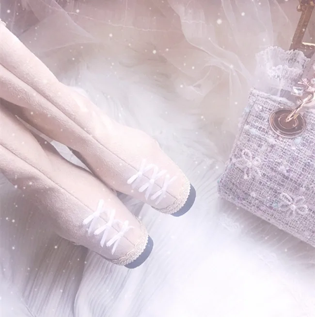 

Hand-made laces, mid-tube boots, bows, sweet wedges, women's boots, two wear 2021 Loli style