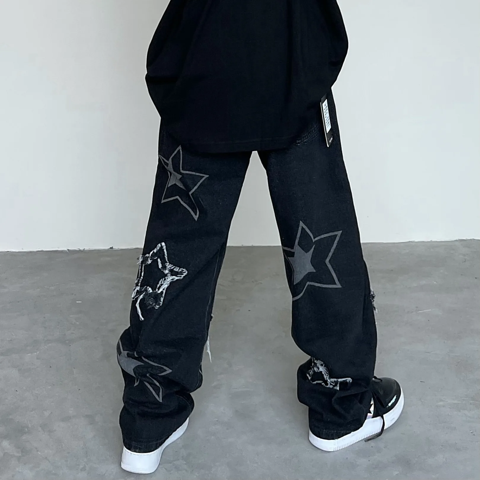 Washed frayed star jeans loose and thin street fashion brand straight loose pants men ripped jeans